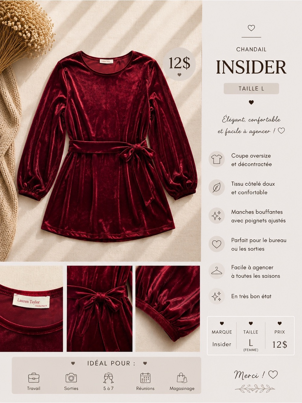Women’s Velvet Belted Dress in Burgundy